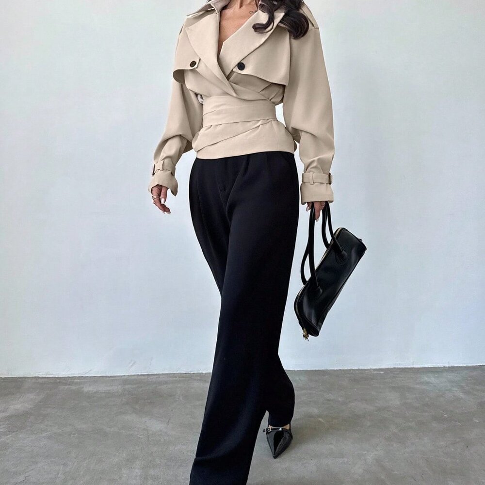 Mocha Brown Casual Women's Elegant Lapel Neck Short Trench Coat - Picture 7 of 8